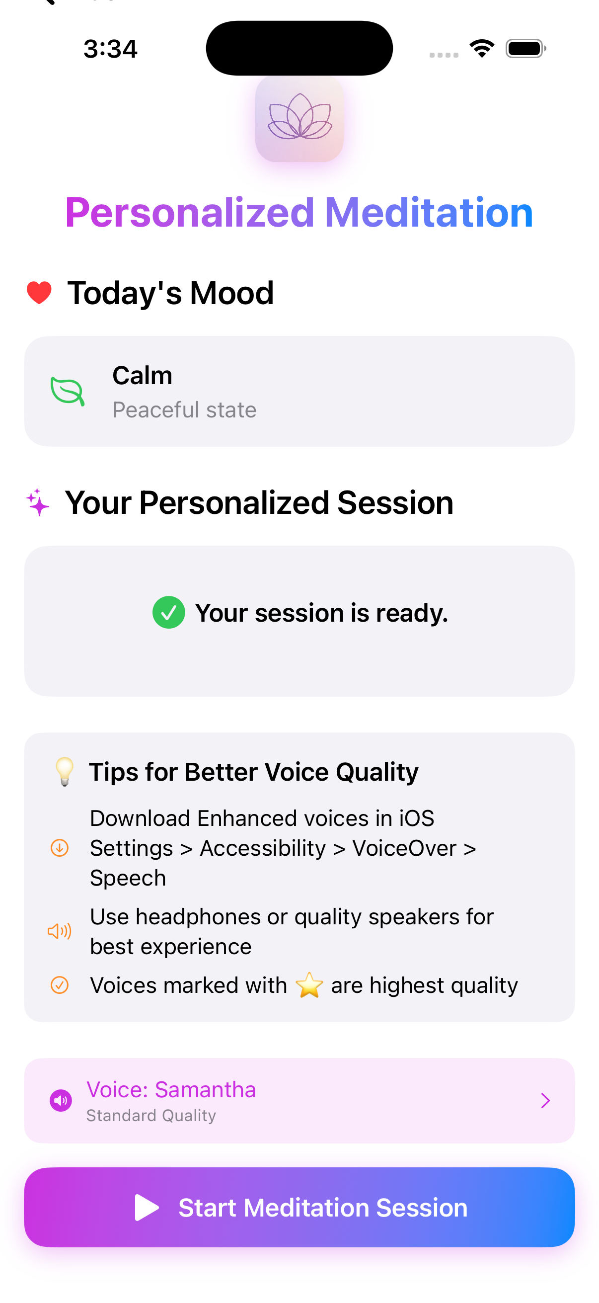 Petals AI App - Meditation Menu